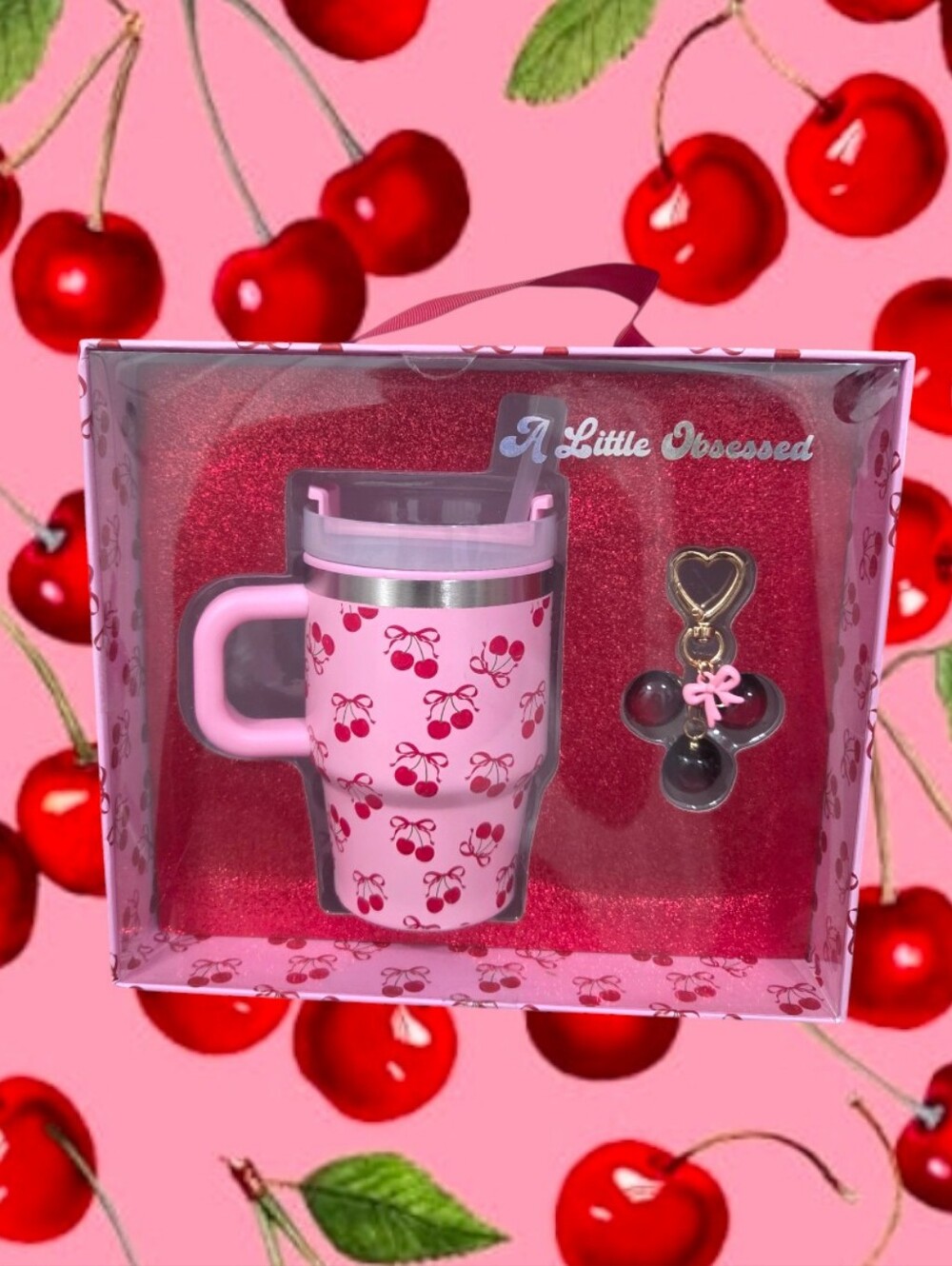 A Little Obsessed Cherry Print Mini Tumbler & Bag Charm/Keychain Set